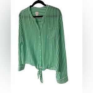 Chico’s l Cool Stripes Stefani II Tie Front Roll Tab Sleeves Green White Sz 2 L